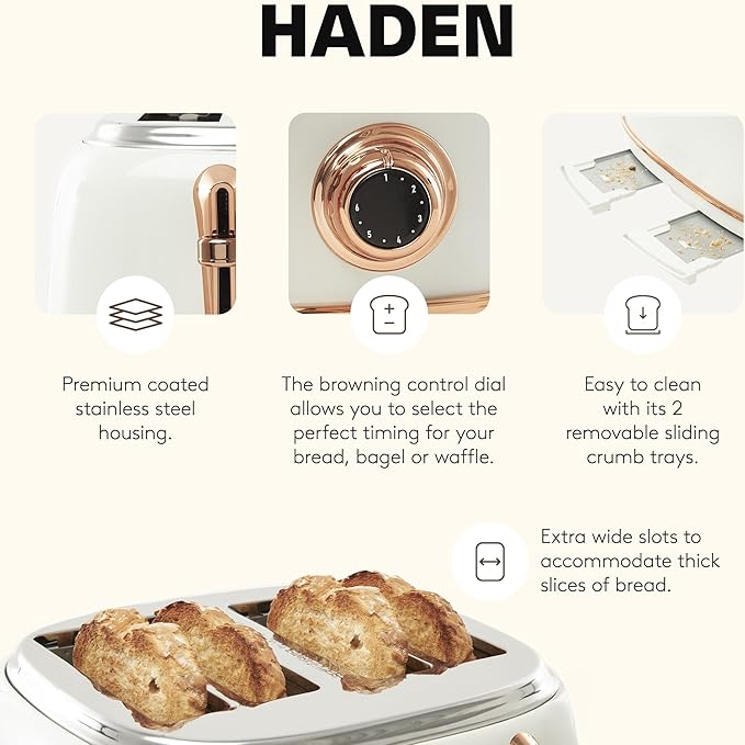 Haden Heritage 4 Slice Wide Slot Stainless Steel Toaster Bundled with 1.7 Liter Stainless Steel Electric Water Kettle, Ivory & Copper