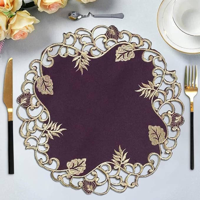 Decozen Set of 12 Doilies for Table, Lace Doilies - Rustic, Crochet, Farmhouse, Kitchen, Dining Table Centerpiece Decor - Round Christmas Placemats for Home - 15 inch Gold Plum, Tarantino Collection