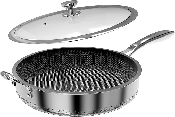 316L Stainless Steel 7QT Frying Pan Hex Nonstick Wok with Lid,Single Handle to Hold, PFOA Free, Dishwasher Oven Safe (7QT/Single Handle)