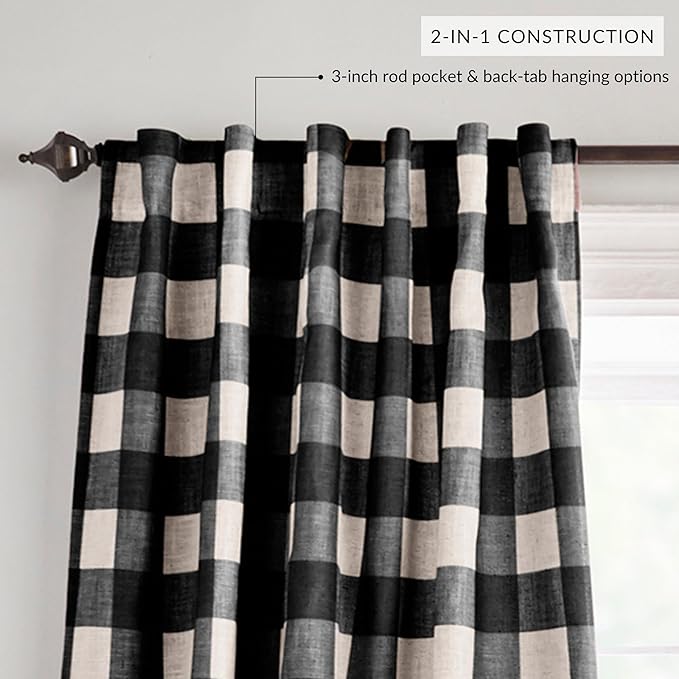 Elrene Home Fashions Farmhouse Living Grainger Buffalo-Check Blackout Window Curtain, Living Room and Bedroom Drape with Rod Pocket Tabs, 52" x 84", Black, 1 Panel