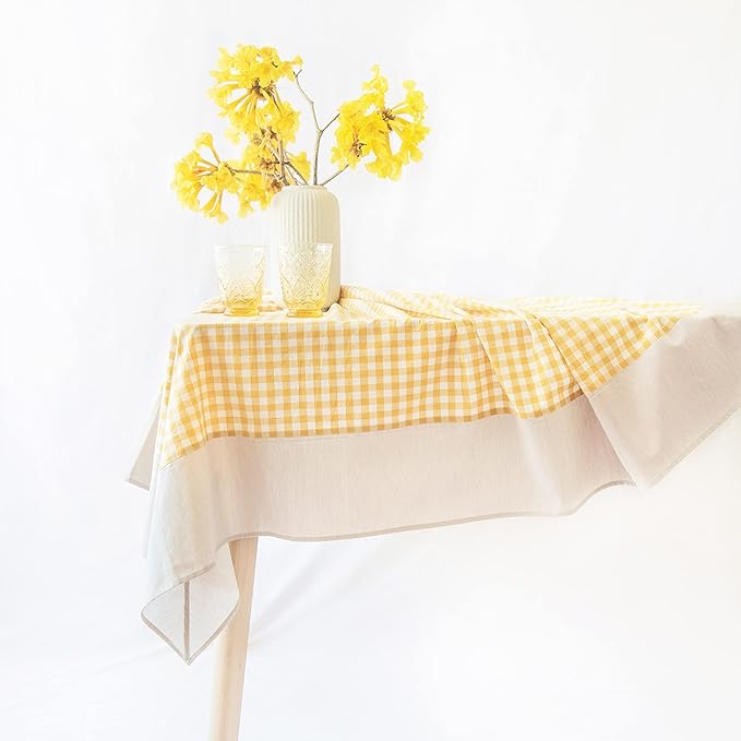 MONDAY MOOSE Gingham Checkered Farmhouse Rustic Picnic Style Decoration Rectangle Natural Stonewashed Cotton Tablecloth for Kitchen, Dining Room, Restaurant (60x102 inch, Yellow/Beige)