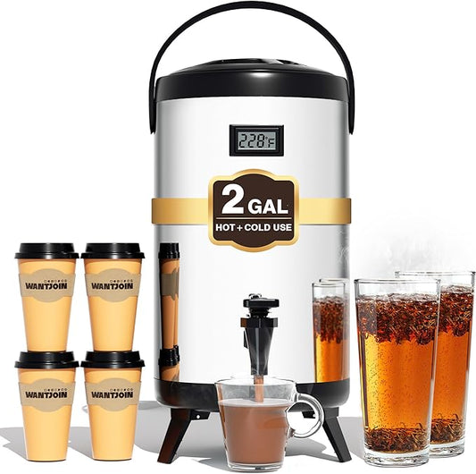 Insulated Beverage Dispenser - 8L/2.1Gal Silver Stainless Steel, Single, LCD Thermometer, Triple-Layer Insulated, Non-Electric Hot & Cold Drink Dispenser for Coffee, Tea