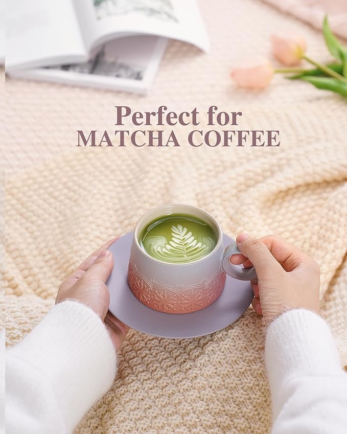 ZENS 7.3 Ounce Cappuccino Cups Set of 2, Artistic Embossed Ceramic Cappuccino Coffee Cups and Saucers, Double Espresso Cups Set of 2 for Au Lait, Matcha Latte or Tea, Women Gifts, Grey Pink