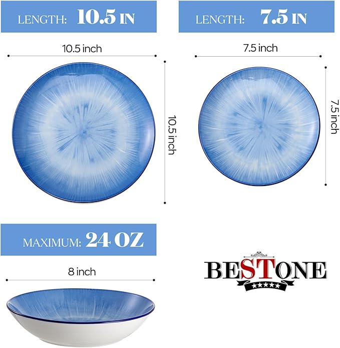 Bestone Porcelain Dinnerware Sets Service for 4, 12 pcs Hand drawn Plates and Bowls Sets, Handmade Ceramic Dish Set, Chip Resistant Modern Plate Set, Dishwasher/Microwave Safe，Starburst blue