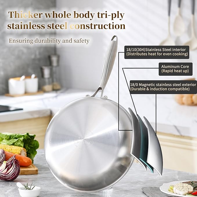 DELARLO Tri-ply Stainless Steel Frying Pan Set with Lid 8" 10" 12" Induction large Skillets Chef's Pan,Pots and Pans Set Kitchen Cookware Set Suitable for All Stove