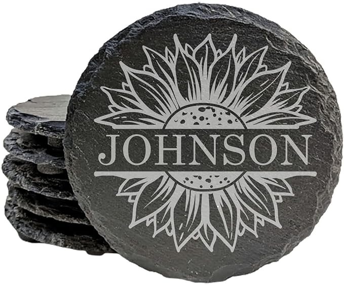Personalized Monogram Family Coasters, Natural Stone Set, Birthday, Wedding, Customized, Rustic - Round Slate - Set of 6