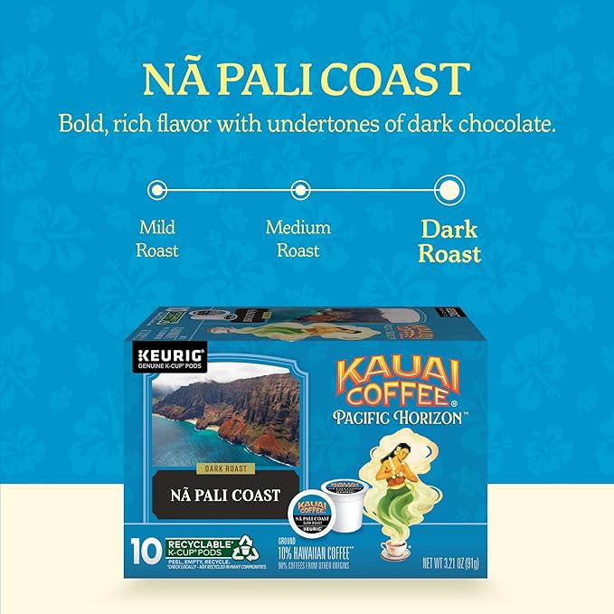 Kauai Coffee K-Cup Pods for Keurig Brewers – Arabica Coffee, 10% Hawaiian – Dark Roast, Nutty with Sweet Chocolate Overtones – Na Pali Coast, 1 Pack of 10 Single Serve K-Cups