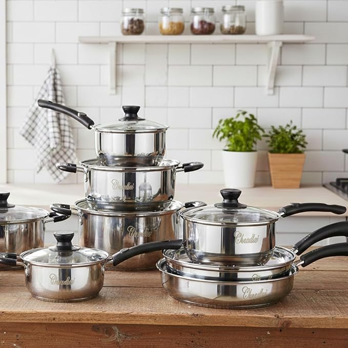 Chandler Stainless Steel Cookware Set, 13-piece Pots and Pans with Tempered Glass Lid - Cooking Set with Deep Pans, Saucepans & Pots Compatible for Family Meals (13-Pieces Stainless Steel)