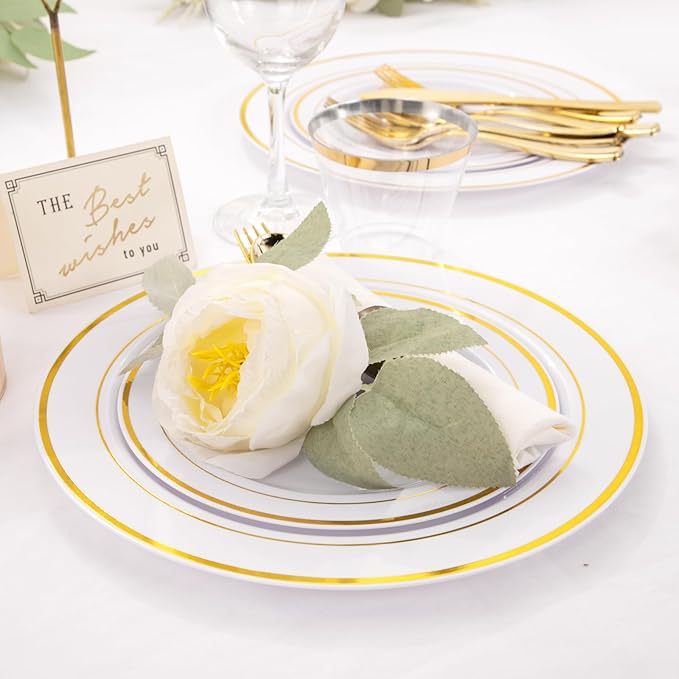 WELLIFE 210 Piece Gold Plastic Dinnerware Set, Include: 30 Dinner Plates, 30 Dessert Plates, 30 Pre Rolled Napkins with Silverware and 30 Cups