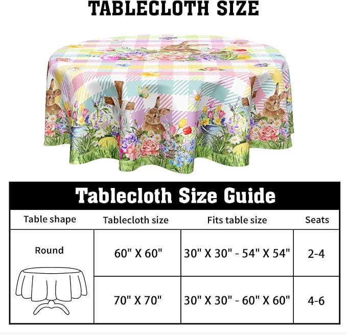 Easter Rabbit Round Tablecloth 60 Inch Easter Bunny Floral Colorful Buffalo Plaid Circle Table Cloth Seasonal Holiday Rustic Table Cover for Party Kitchen Dinner Home Decor