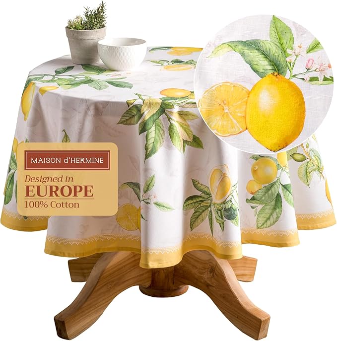 Maison d' Hermine Table Cloth Round Table 100% Cotton 63 Round Inches Tablecloth Reusable Decorative for Dining Room Farmhouse Home Valentines Day Decorations Spring Summer - Limoncello