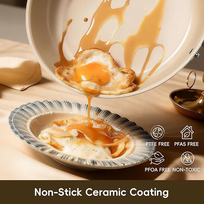 Ceramic Nonstick Frying Pans Set, Fry Pan Skillet, Non Toxic Pans for Cooking, Egg Pans，Induction Suitable，PFAS-Free Cookware, Dishwasher Safe, Oven Safe (Cream White, 8''+9.5''+11")