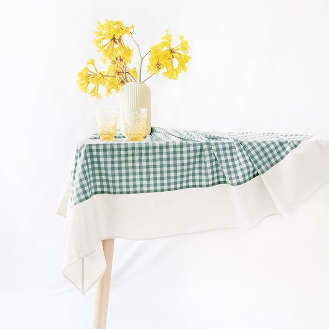 MONDAY MOOSE Gingham Checkered Farmhouse Rustic Picnic Style Decoration Rectangle Natural Stonewashed Cotton Tablecloth for Kitchen, Dining Room, Restaurant (60x86 inch, Green/White)