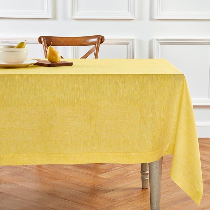 Solino Home Linen Tablecloth 54 x 72 Inch - 100% Pure Linen Chambray Lemon Yellow Table Cloth for Rectangle Tables - Athena, Machine Washable Tablecloth for Spring, Easter