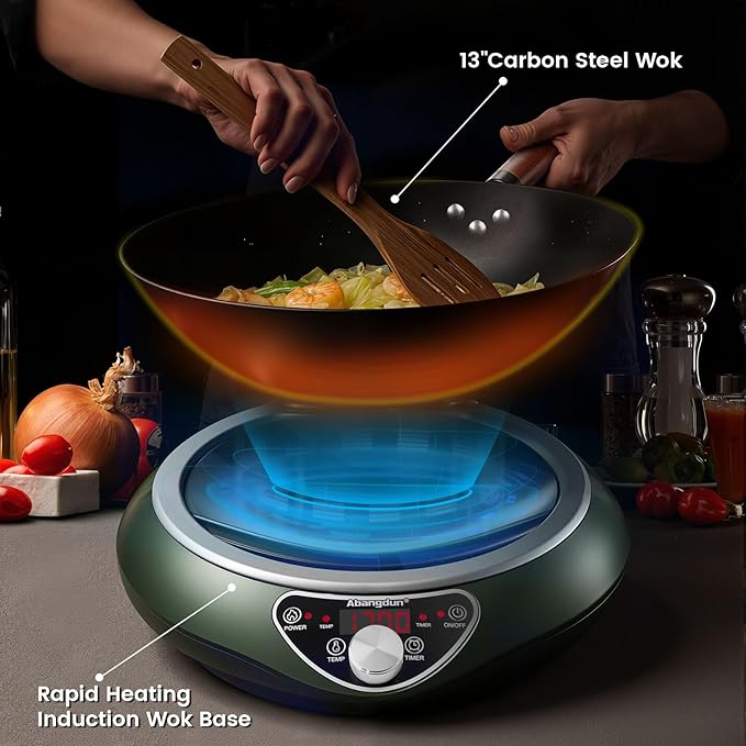 1700W 120V Wok Induction Cooktop,Non-Pulse Heating,16 Levels,18H Timer,13.4" Nitrided Carbon Steel Wok Set w/Lid&Steaming Rack,Round-Bottom Wok+ Flat Pan Compatible (<9"), Wok-Style Stir-Fry