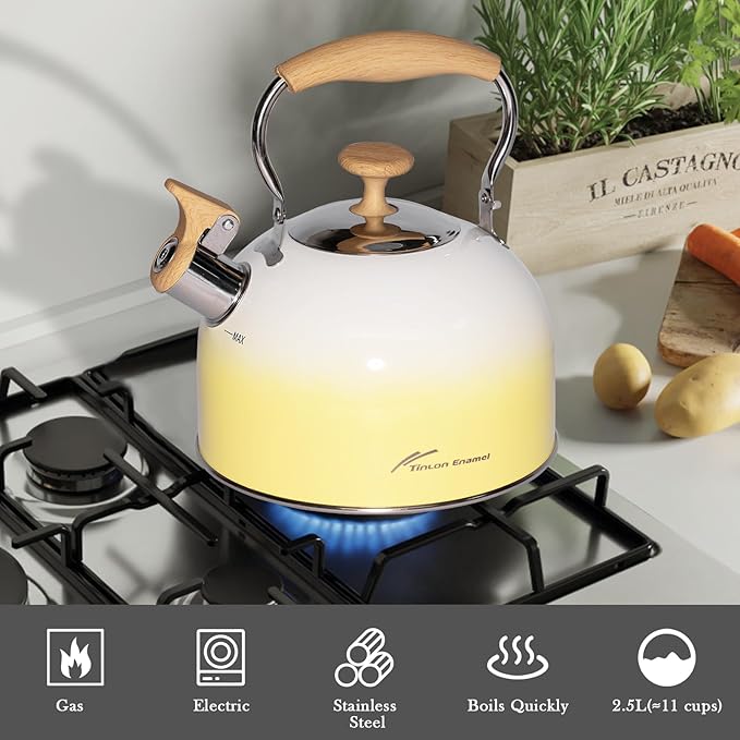 Tea Kettle, 2.5 Quart /2.4 Liter Whistling Tea Kettle，Food Grade Stainless Steel Tea Pot With Folding Handle, Suitable for Induction & Gas Stove,Teapot Stovetop for Tea, Coffee, Milk - Gradient Yellow
