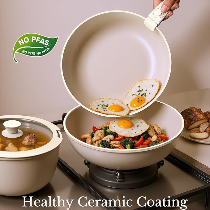Pots and Pans Set Non Stick, Ceramic Cookware Set Detachable Handle, RV Camping Kitchen Cooking Set Removable Handles, Dishwasher/Oven/Fridge Safe, Induction, Space Saving，Cream White