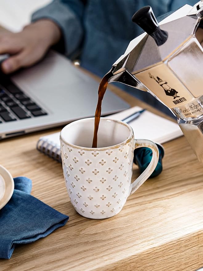 LE TAUCI Coffee Mugs 12 oz, Ceramic Mug Set Set of 4, Embossment Cups for Espresso, Latte, Tea, Cocoa, Cappuccino & Mocha, Dishwasher Oven Microwave Safe - 3.4 inch, Arctic White