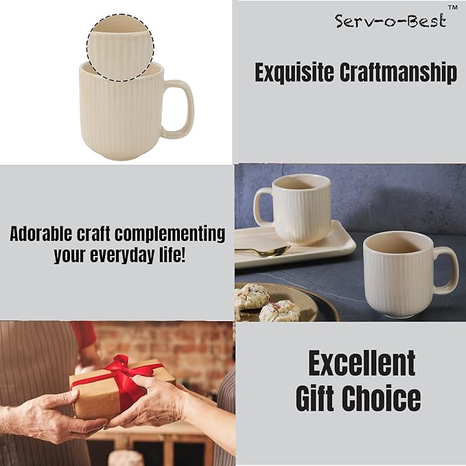 Ceramic Coffee Mugs with Handle Set – 2-Piece 11 Oz Ceramic Coffee Cups & 9" Tray, Handmade Ivory Color, Microwave Safe Gift Set for Tea Lovers, Home Kitchen Décor