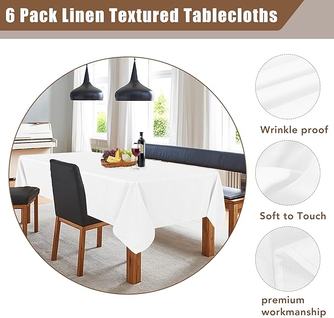 Fitable Faux Linen White Tablecloths for Rectangle Tables - 90 x 132 Inch - 6 Pack Fabric Textured Washable Table Clothes Floor Lenghth Table Covers for Wedding, Party, Banquet, Birthday