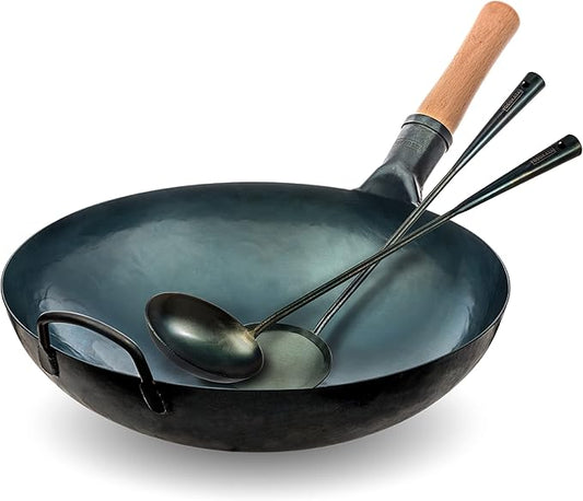 YOSUKATA Blue Round Bottom Wok Pan – 14" Woks and Stir Fry Pans With Pre-Seasoned Wok Utensils Set - Blue Carbon Steel 17-inch Wok Spatula, Wok Ladle, 3 pairs of Chopsticks
