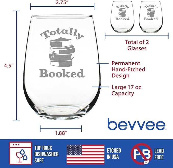 Bevvee Totally Booked - Stemless Wine Glass - Funny Book Club Gifts for Lovers of Reading & Fun Librarians - Set of 2 - Large