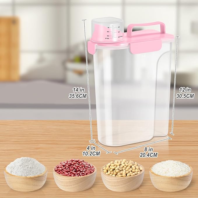 5-7 Lbs Dog Cat Food Storage Container, Portable Travel Pet Food Storage Container with Measuring Cup, Easy-Pouring Bird Seed Dispenser, Airtight Rice Cereal Oatmeal Flour Dispenser -Pink