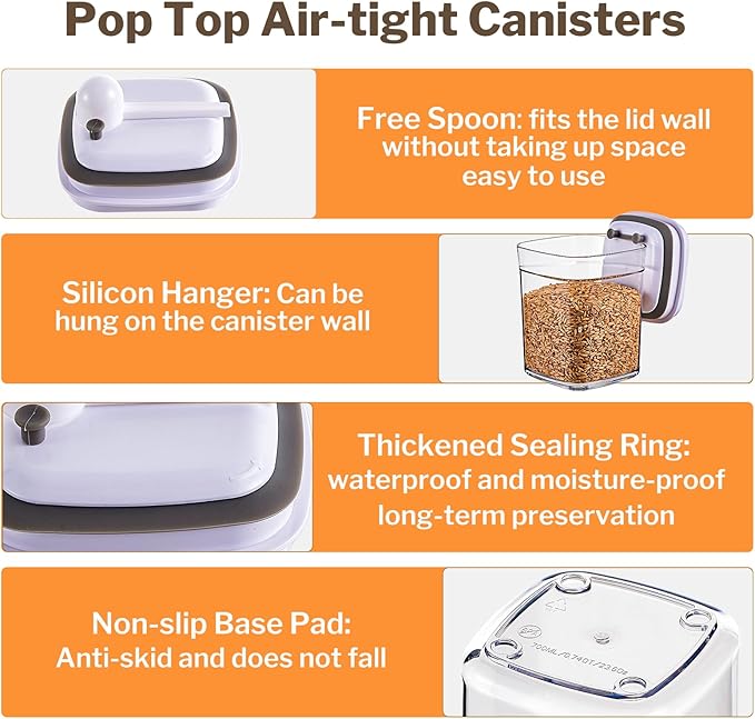 Pop Top Food Storage Container Set | 4Pcs Airtight Cereal Storage Organizer Canisters with Pop Lids, BPA-Free, Vacuum Seal & One-button Opening, Stackable Pantry Containers for Dry Food Storage
