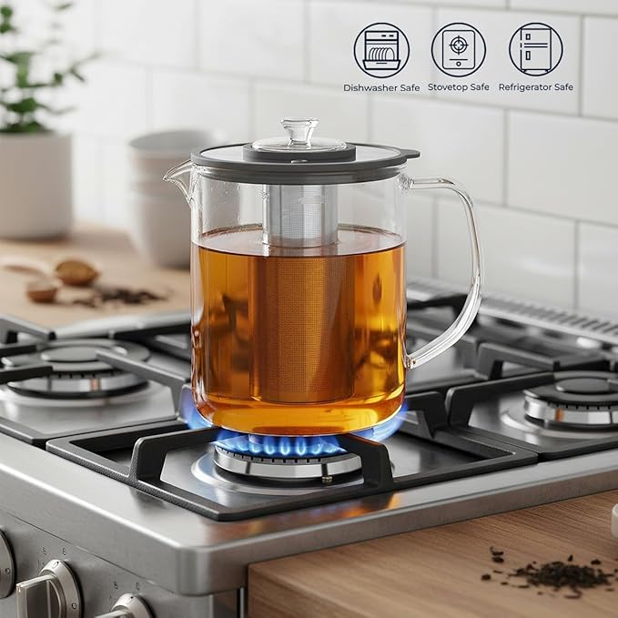 Aquach 85oz Large Glass Teapot & Tea Maker- Stovetop & Dishwasher Safe, Plastic-Free Borosilicate Glass Tea Kettle for Loose Leaf & Iced Tea