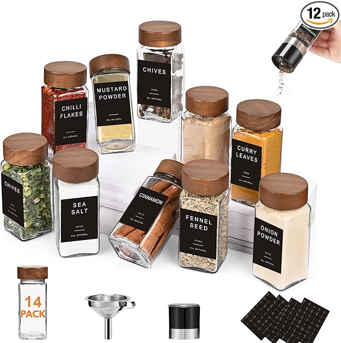 Yangbaga 14Pcs Glass Spice Jars with Labels-4oz Acacia Wood Lid Square Spice Containers with Pepper Grinder Lids &Funnel,Seasoning Jars for Rack Cabinet Drawer