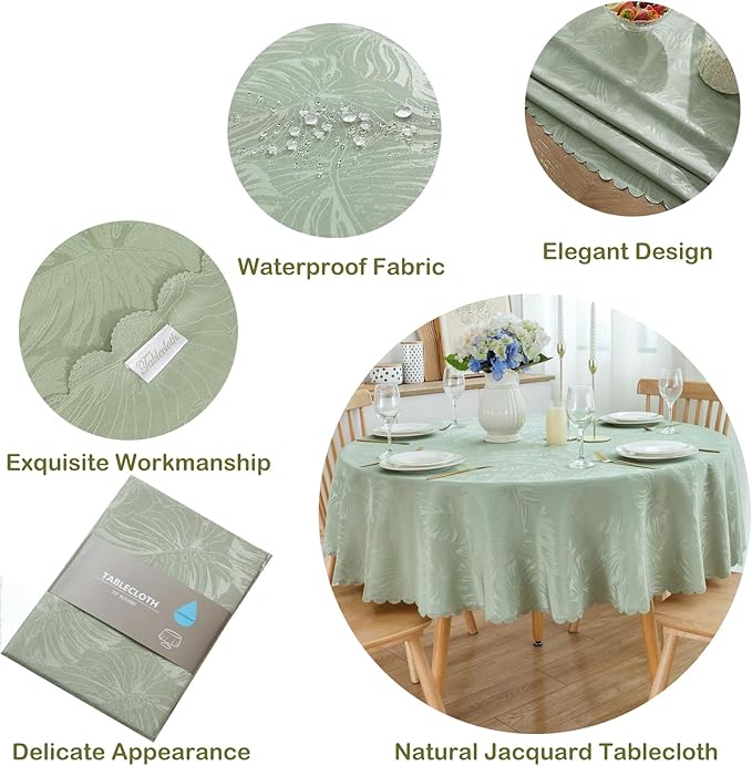 Round Tablecloth 70 Inch Green Tablecloth Leaves Pattern Scalloped Edge Silky Table cloth Waterproof Wrinkle Resistant Washable Table Cover for Kitchen Dining Outdoor Birthday Party Patio