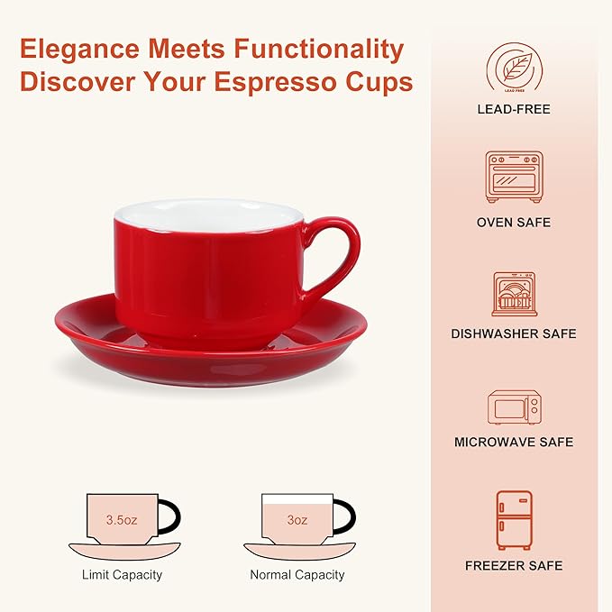 3 Ounce Espresso Cups Set of 4, Stackable Demitasse Mugs, Includes Display Stand, Cups Saucers, and Spoons, for Machines & Home Use, Red, Gold Tone