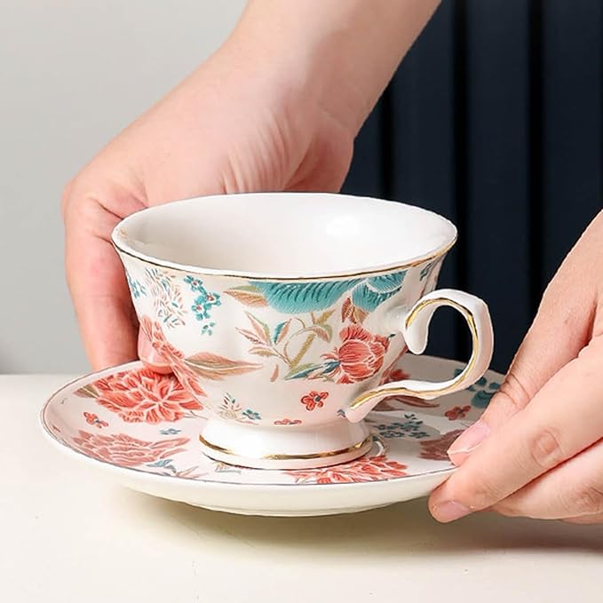 Teacups and Saucers,Bone China Tea Cups about 7 oz(200 ml),Vintage flower Pattern Espresso Coffee Mug Set & tea cups for women, Style02