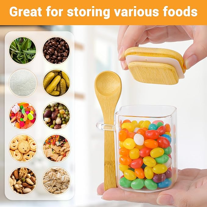 Glass Jars with Bamboo Lids and Spoons - 2 Pack 6 Fl.oz Square Glass Spice Jars with Lid, Kitchen Canisters for Countertop, Stackable Small Pantry Container for Jam, Tea, Coffee and Sugar