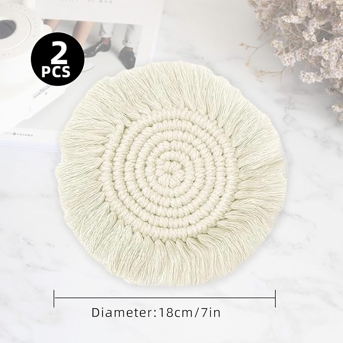 2 PCS Handmade Boho Coasters,100% Cotton Woven Macrame Absorbent Coasters for Drinks,Heat Resistant Office Cotton Coaster for Coffee Table,Desk Kitchen Dining Room Kitchen,Housewarming Gift(
