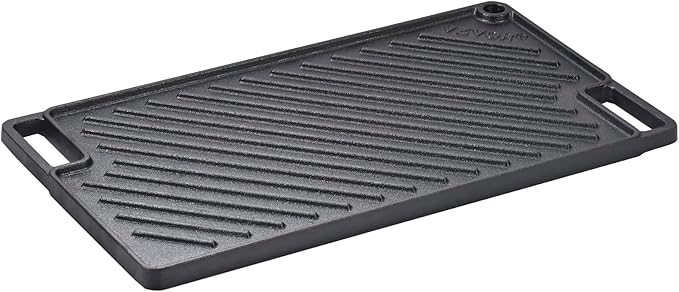 VEVOR Reversible Grill/Griddle, 9.7"x16.7" Pre-Seasoned Cast Iron Griddle, Rectangular Double Burner Griddle Pan, Non-Stick Family Pan Cookware with Handles, Flat Top Plate for BBQ, Gas Grill, Black