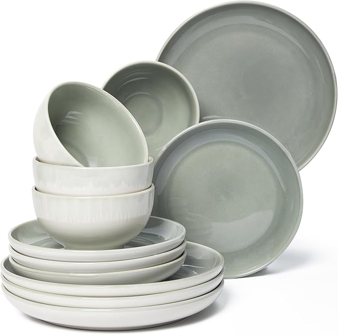 Stoneware Dinnerware Sets Service for 12, 36 pcs Reactive Glaze Plates and Bowls Sets, Handmade Ceramic Dish Set, Highly Chip and Crack Resistant Modern Plate Set, Gradient Green
