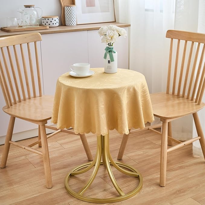 Round Tablecloth Golden Small 40 Inch Table Cloths Up to 26" Dia Tables Leaves Pattern Scalloped Edge Waterproof Jacquard Table Cover-Kitchen Dining Room Decor Coffee Bar