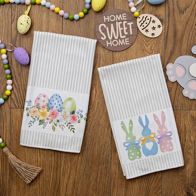 ARKENY Easter Kitchen Towels Set of 2,Beige Pink Bunny Floral Eggs Dish Towels 18x26 Inch Drying Dishcloth,Farmhouse Home Seasonal Spring Decorations AD217