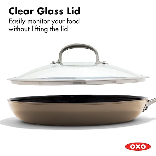 OXO Enhanced 12” Nonstick Frying Pan Skillet with Lid, Ceramic PFAS-Free Cookware, Stainless Steel Handle, Eggs & Omelets, Dishwasher & Oven Safe, Biscuit Brown