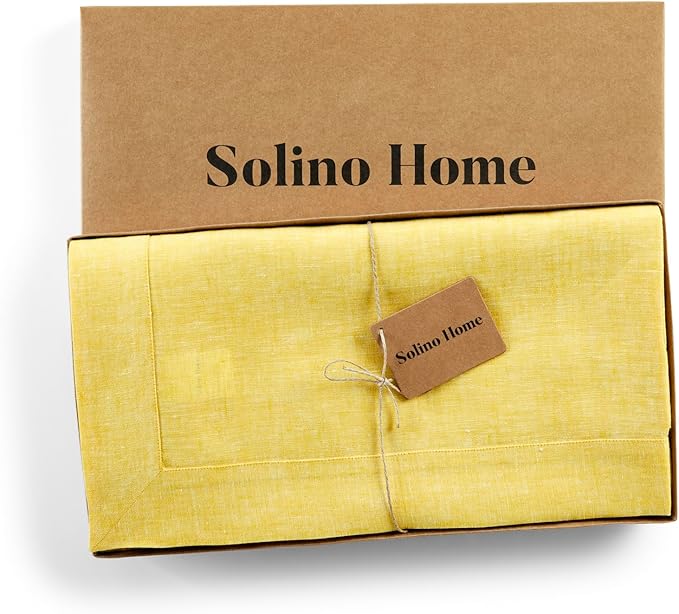 Solino Home Linen Tablecloth 60 x 132 Inch - 100% Pure Linen Chambray Lemon Yellow Table Cloth for Rectangle Tables - Athena, Machine Washable Tablecloth for Spring, Easter