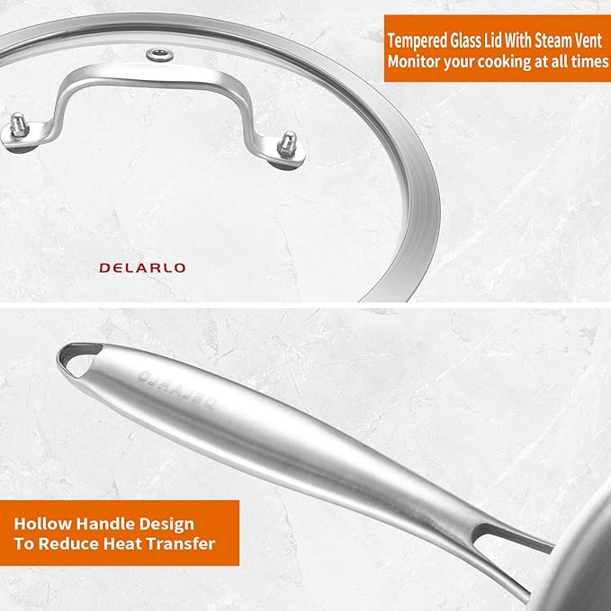 DELARLO Whole Body Tri-Ply Stainless Steel Pan 9.45 inch, Stainless Steel Woks & Stir-Fry Pans, Deep Kitchen Small Wok Pan with Lids, Induction Mini wok 9.45", Suitable for All Stove, Up to 650℉