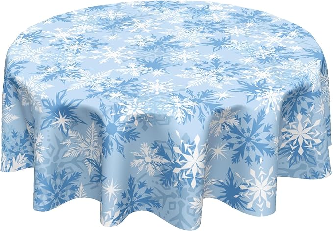 Blue Christmas Round Tablecloth 60 Inch Winter Snowflake Blue and White Table Cloth Round Xmas Holiday Table Cover for Kitchen Dinner Home Decor