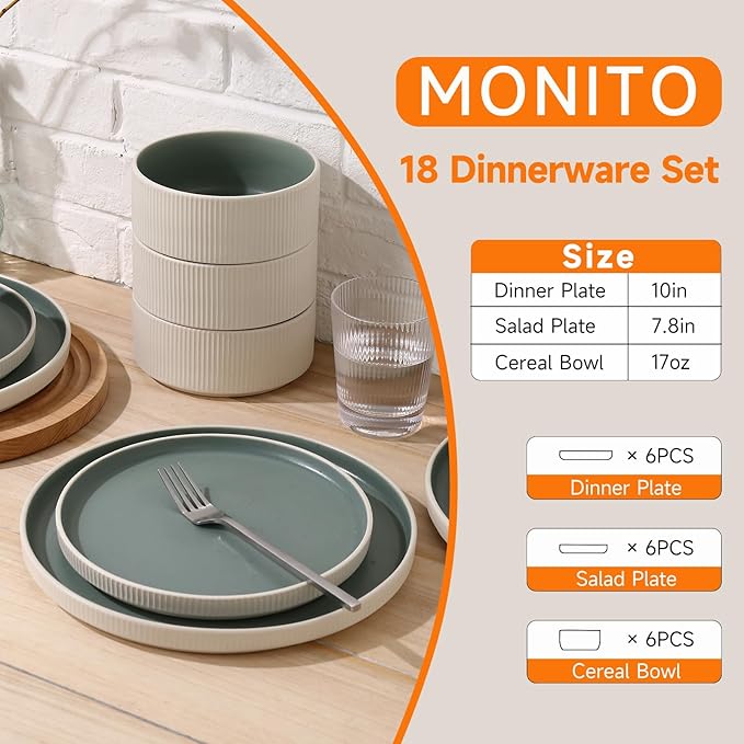 MONITO Ceramic Dinnerware Sets for 4, 18PCS Stoneware Plates and Bowls Sets, Reactive Glaze Dish Set, Chip and Scratch Resistant Double, Microwave and Dishwasher Safe, White Cyan