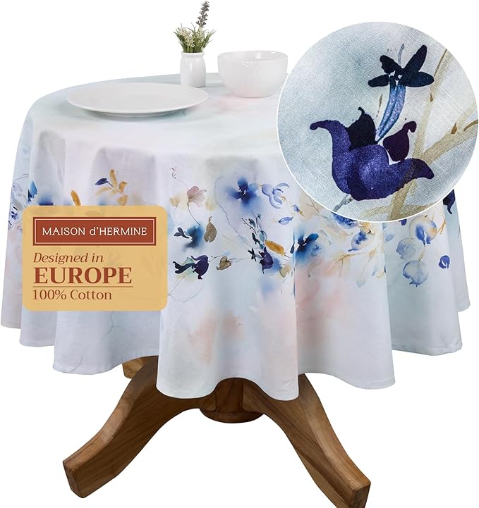 Maison d' Hermine Table Cloth Round Table 100% Cotton 63 Round Inches Tablecloth Reusable Decorative for Dining Room Farmhouse Home Valentines Day Decorations Spring Summer - Lazy Summer Days