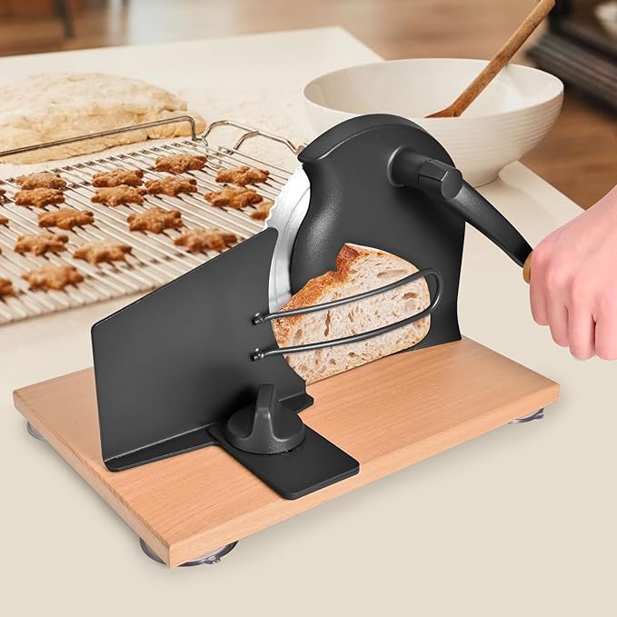 Manual Bread Slicer with Hand Crank, Classic Home Bread Slicer for Homemade Sourdough, Rotary Slicer with Adjustable Thickness, Premium Stainless Steel & Powerful Suction Cups (Black)