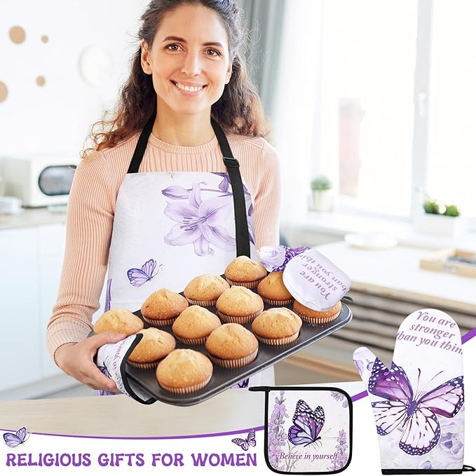 Hoolerry 6 Pcs Kitchen Apron Dish Towels Oven Mitts and Pot Holders with Spatula for Women Wife Grandma Cooking Baking Gifts
