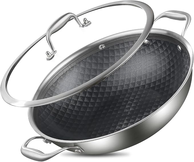 DELARLO Tri-Ply Stainless Steel Wok 13in Nonstick Deep Wok Pan with Lid,Stir-Fry Pans,5.5QT Cooking Pot induction Large woks,Compatible with All Cooktops Up to 550°F(Double Handle)