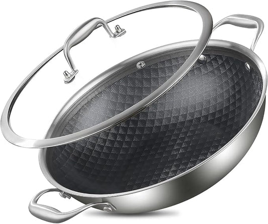 DELARLO Tri-Ply Stainless Steel Wok 13in Nonstick Deep Wok Pan with Lid,Stir-Fry Pans,5.5QT Cooking Pot induction Large woks,Compatible with All Cooktops Up to 550°F(Double Handle)