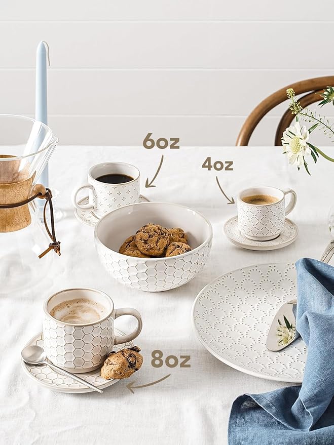 LE TAUCI Stackable Cappuccino Cups with Saucers and Stand, Set of 4, 6 oz Ceramic Coffee Cup Set for Espresso Au Lait, Flat White, Tea, Americano, Dishwasher & Microwave Safe, Embossed, White